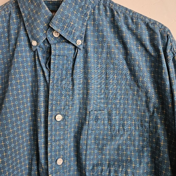 Stetson Men's Medium Button-Down Long Sleeve Blue Geometric Shirt Floral Cuff - Picture 2 of 6